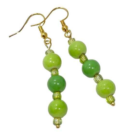 Murano Style Art Glass Bead Ball Earrings Lime Green Gold Plated Seed Beads - Picture 4 of 6